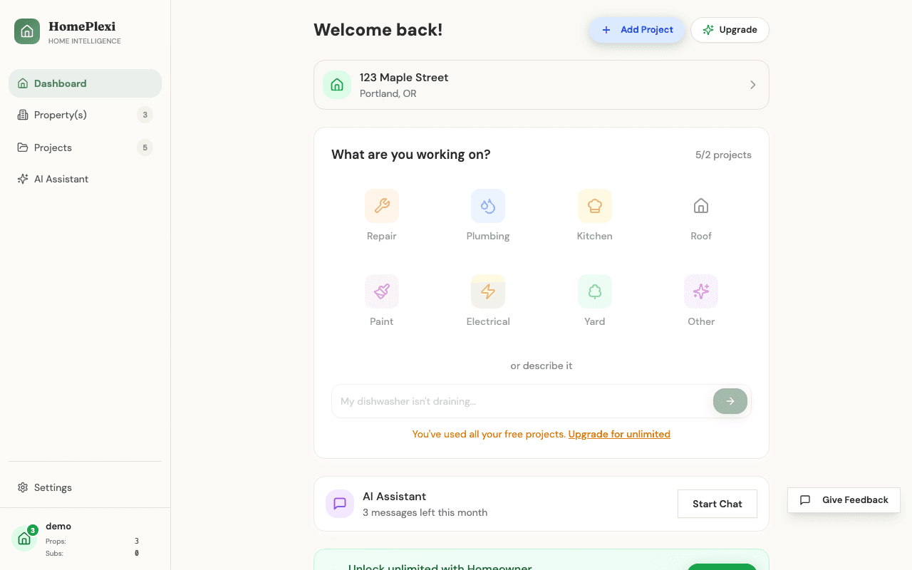 HomePlexi Portfolio Overview - Manage multiple properties and track projects